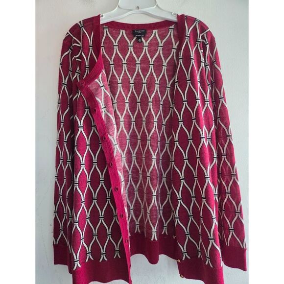 Talbots Red Cream Argyle Patter 100% Pure Merino Wool Gold Button Cardigan sz 2X - Picture 6 of 7